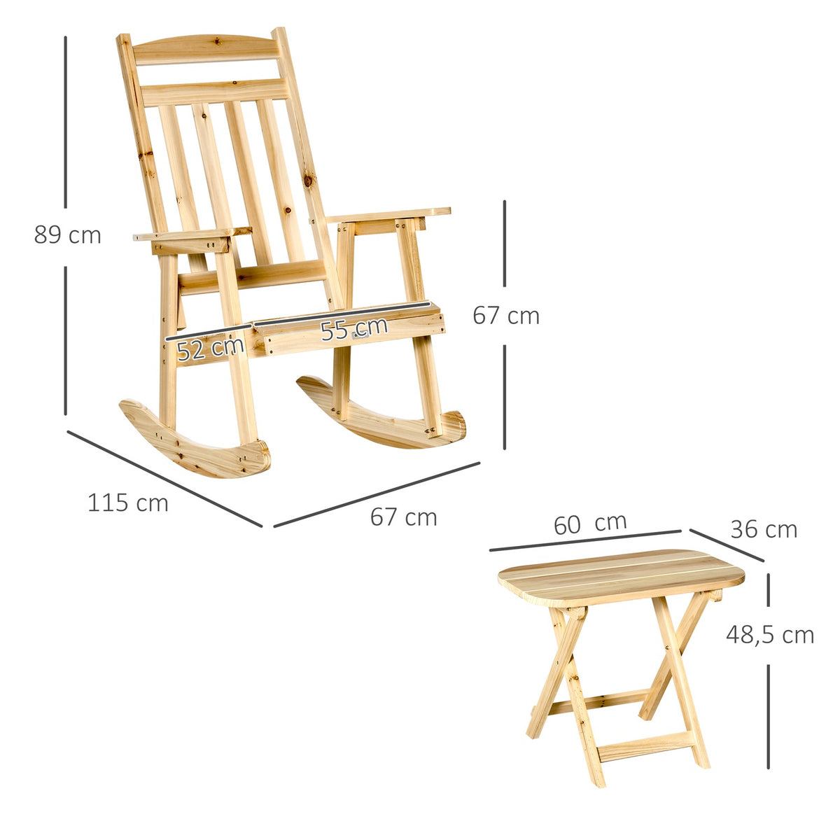 Wooden Rocking Chair With Side Table 2-Piece Rocking Chair Set Garden Chair With Armrests High Back Outdoor Natural