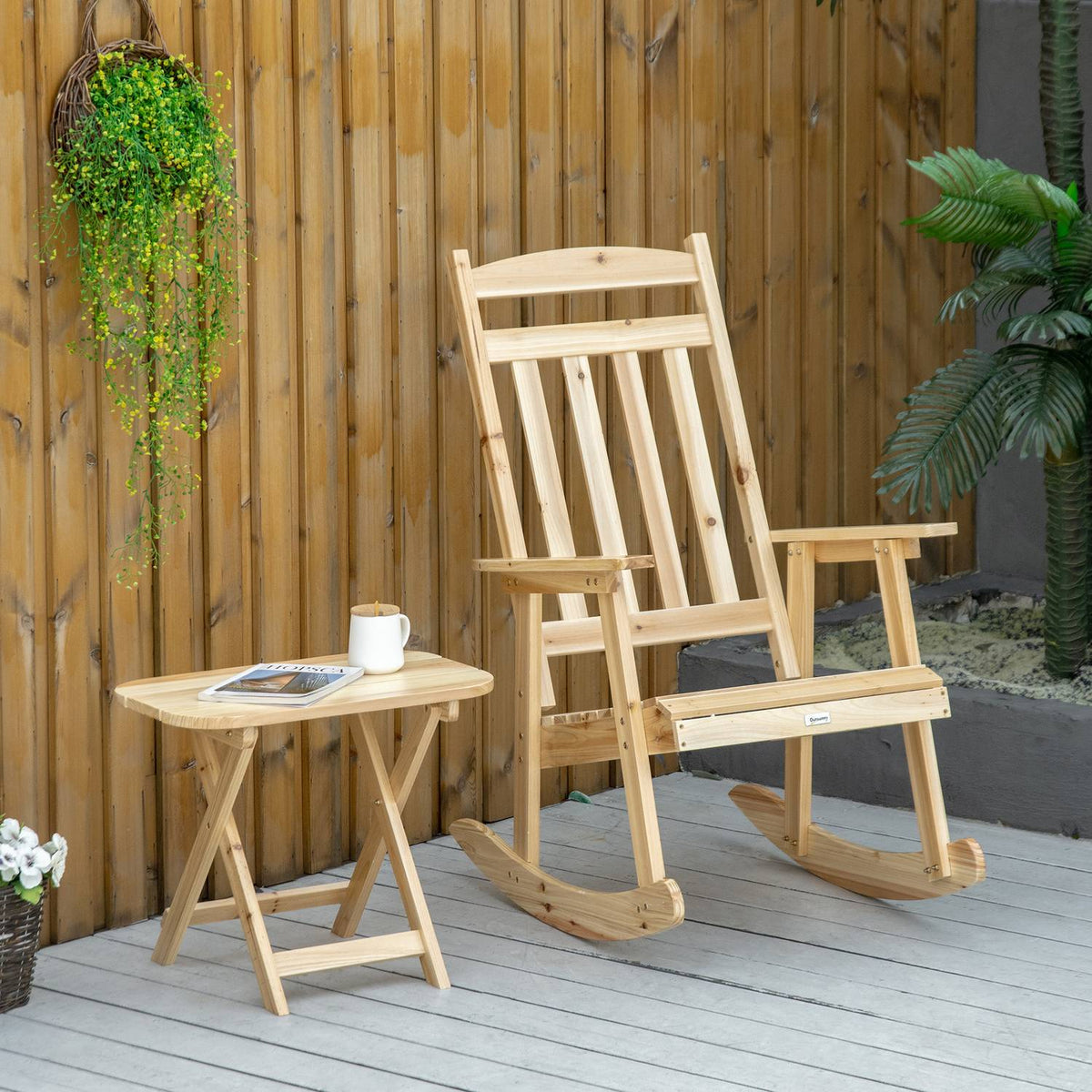 Wooden Rocking Chair With Side Table 2-Piece Rocking Chair Set Garden Chair With Armrests High Back Outdoor Natural