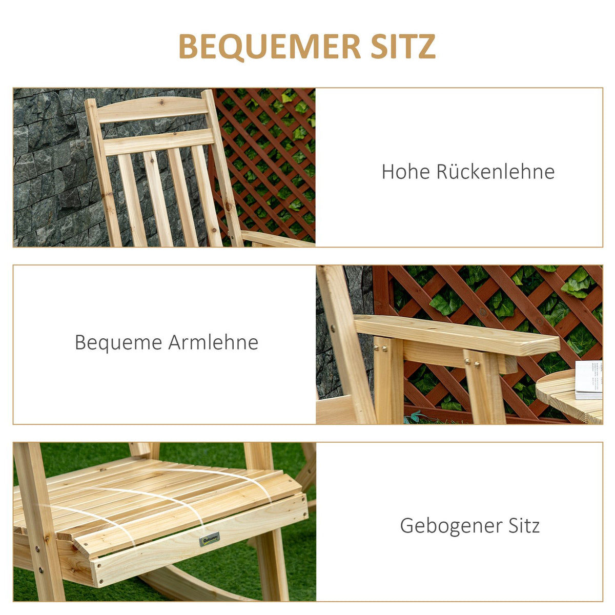 Wooden Rocking Chair With Side Table 2-Piece Rocking Chair Set Garden Chair With Armrests High Back Outdoor Natural