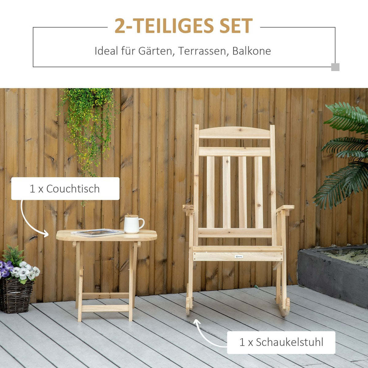 Wooden Rocking Chair With Side Table 2-Piece Rocking Chair Set Garden Chair With Armrests High Back Outdoor Natural