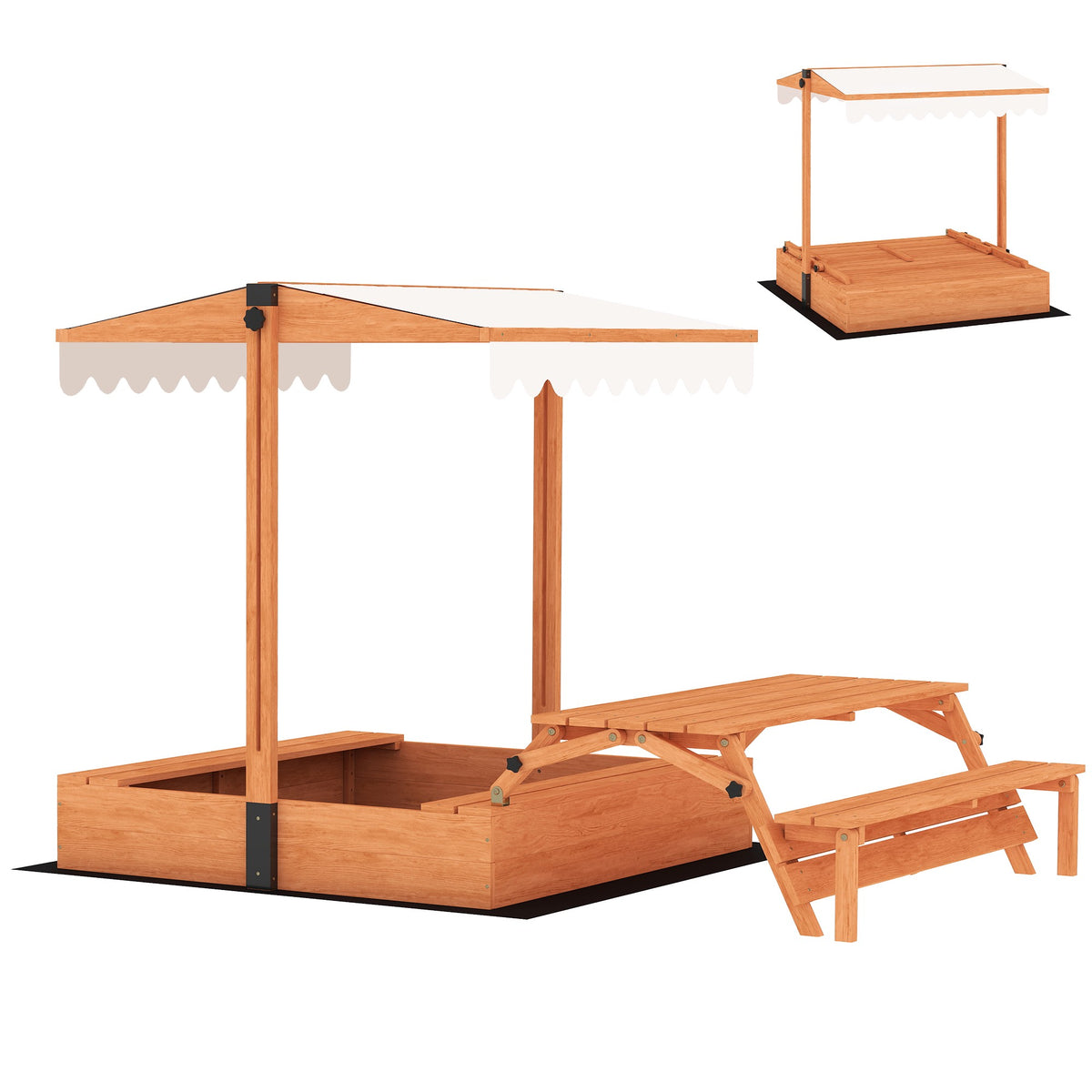 Wooden Sandbox with Adjustable Roof and Picnic Table