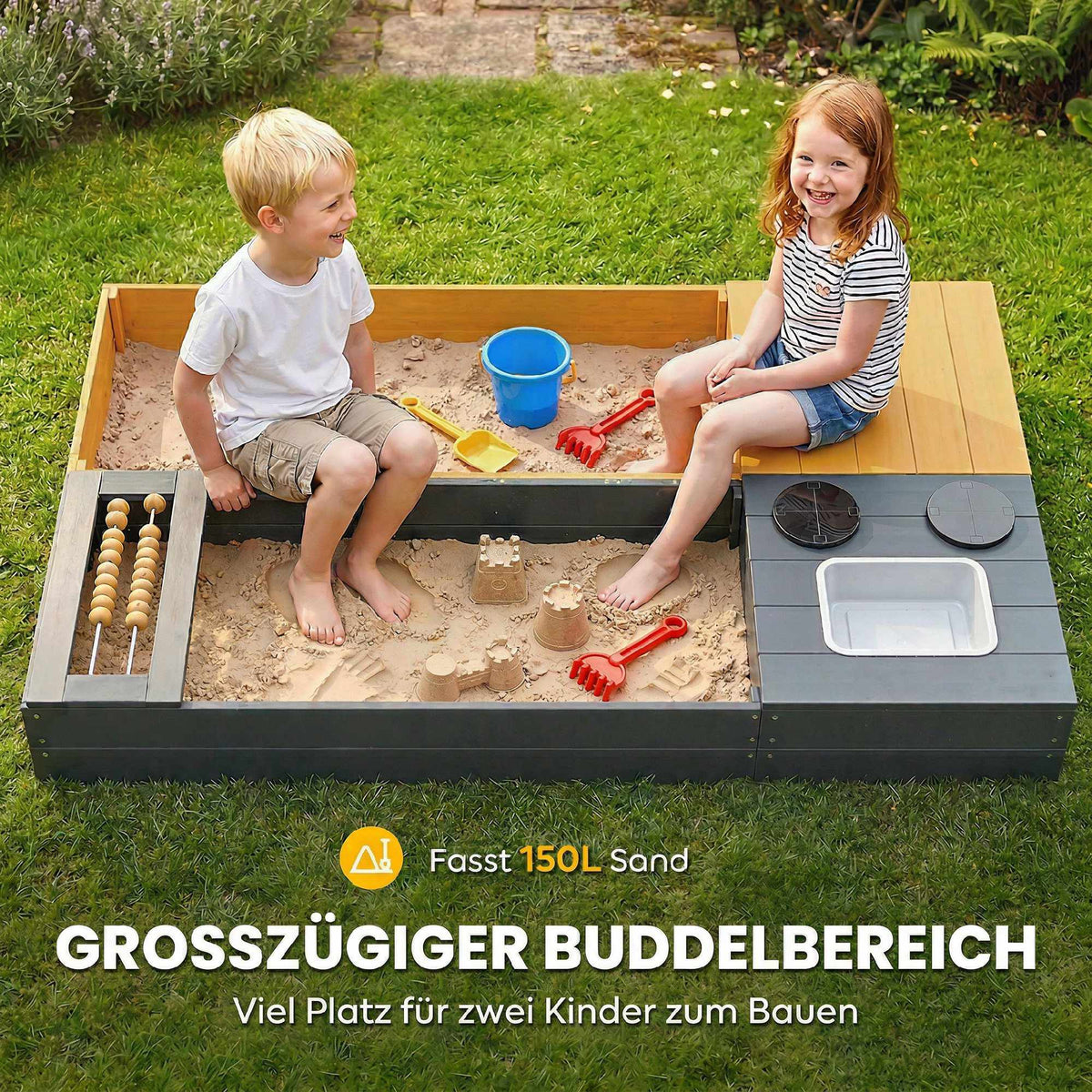 Wooden Sandbox with Bench and Storage, 150x90cm