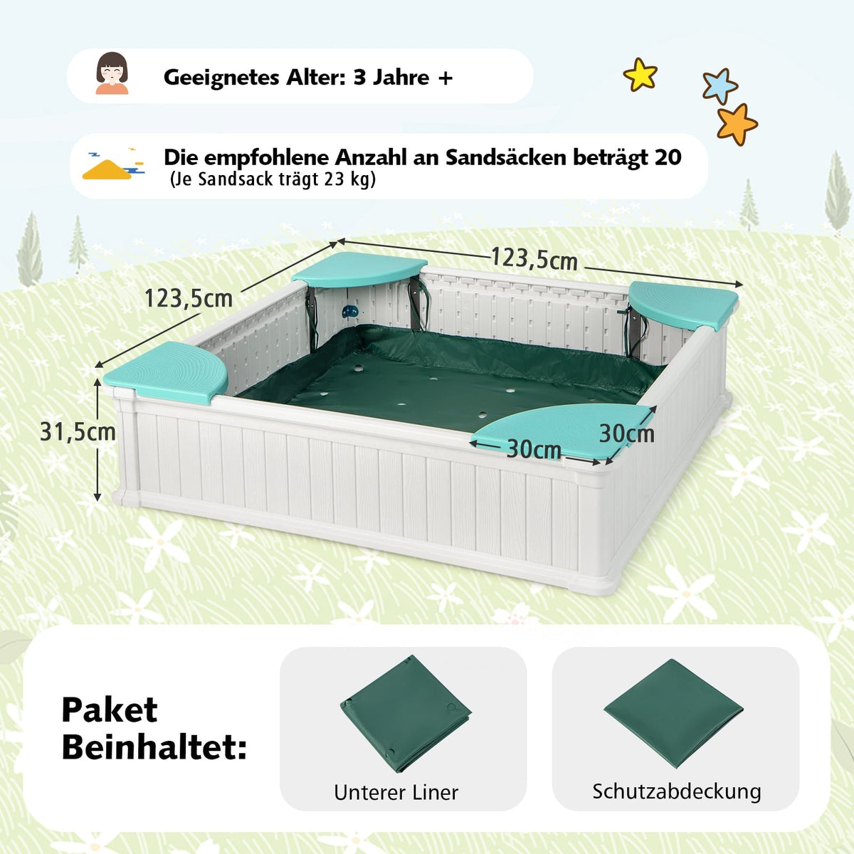 Wooden Sandbox with Cover & Seats, 123.5 cm, White