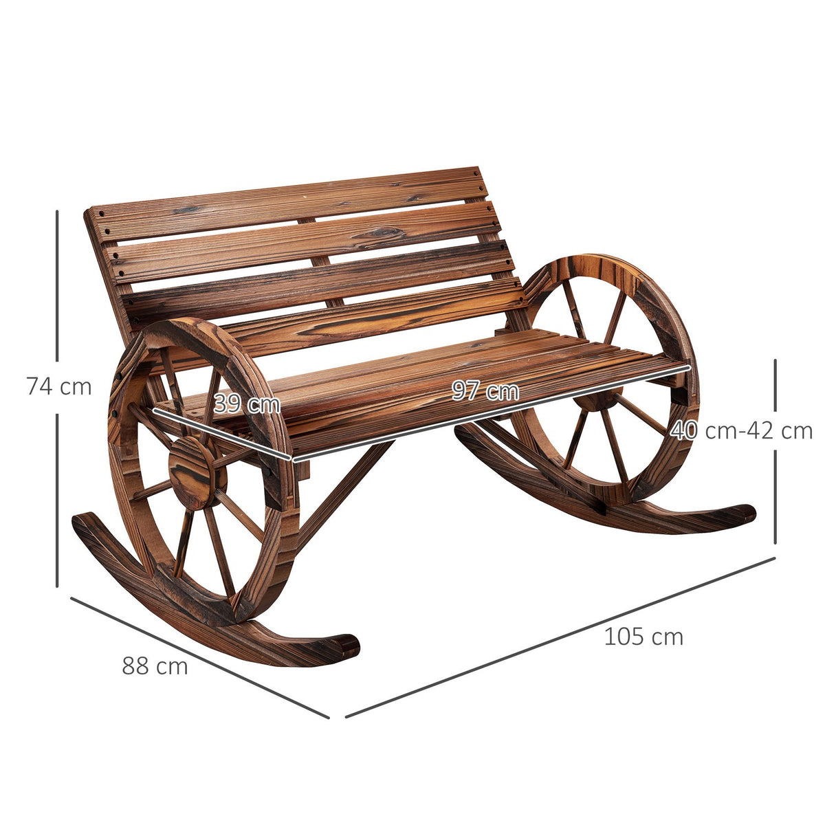 Wooden Swing Bench, Swing Bench With Armrests, 2 Seater Garden Bench, Wooden Bench For Garden, Balcony, Load Capacity Up To 240 Kg, Charred