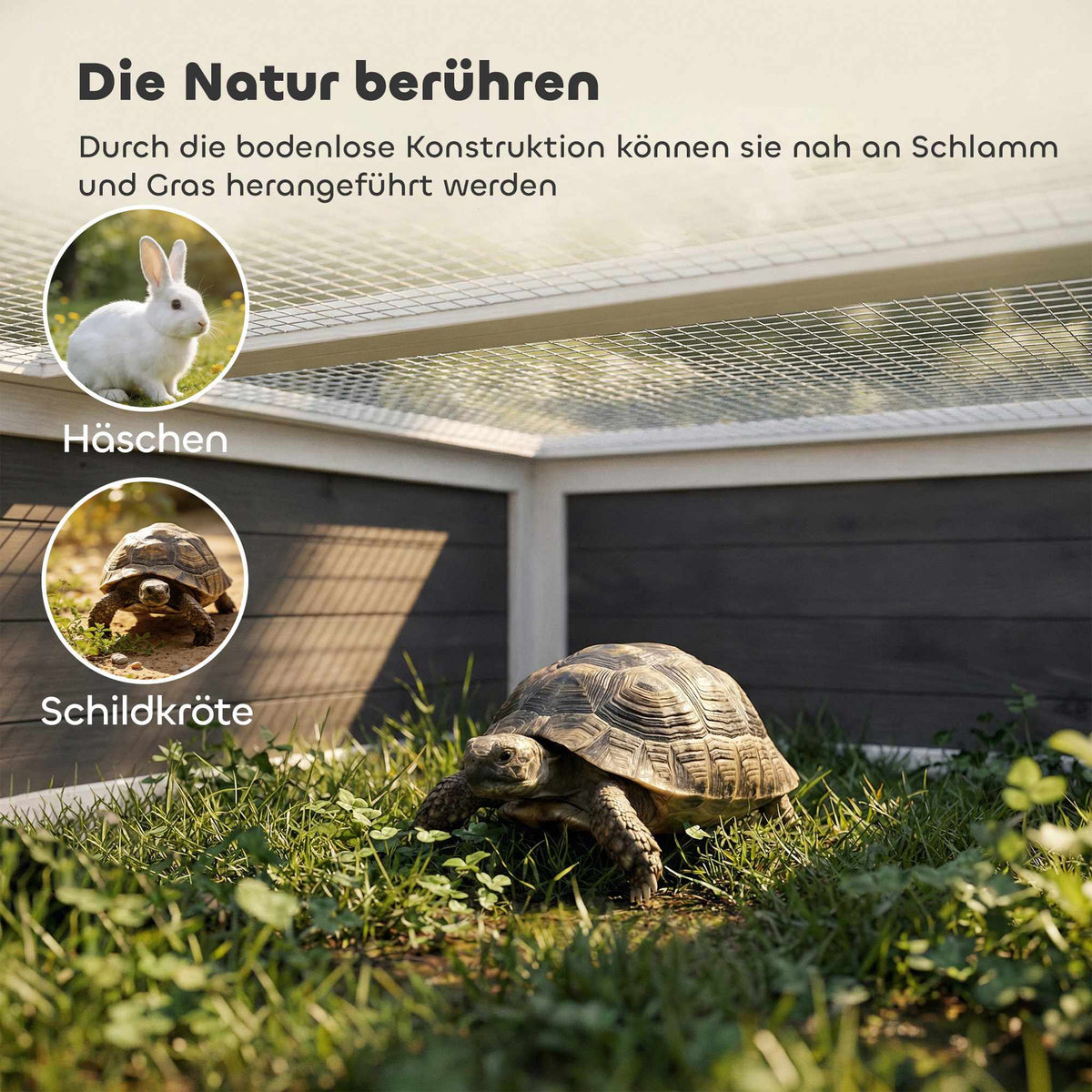 Wooden Tortoise House with Run, 113x106.5x44.5 cm, Grey