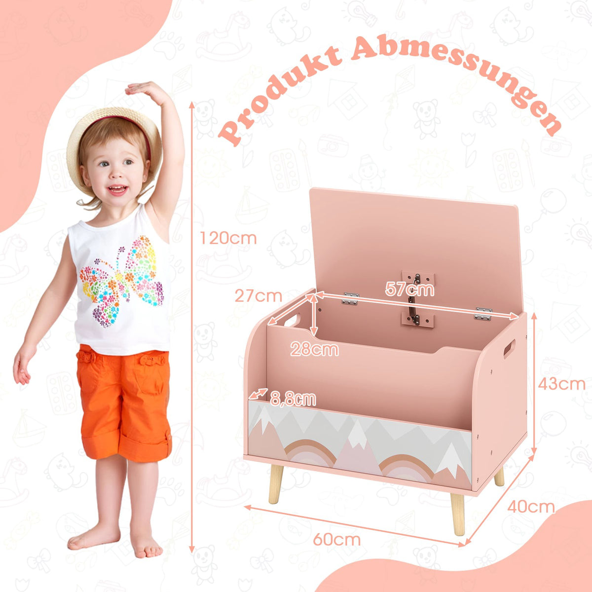 Wooden Toy Box with Front Bookshelf & Lid – Pink