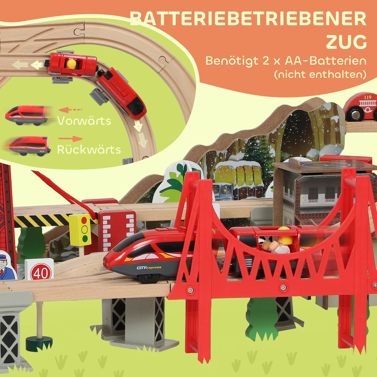 Wooden Train Set, 100 Pieces, Magnetic Crane, Beech Wood