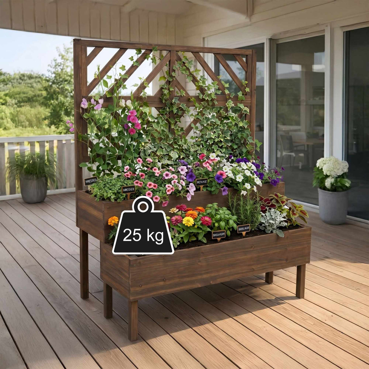 Wooden Two-Tier Planter With Trellis, Raised Beds