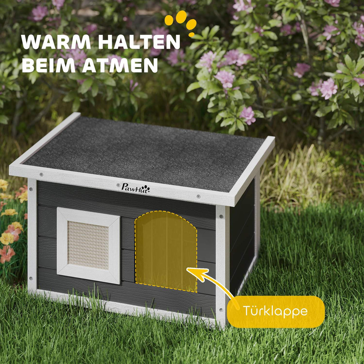 Wooden cat house, cat cave with scratching mat, door flap, weatherproof cat house with folding roof, removable floor, for indoor, outdoor, 61 x 45 x 36.5 cm, gray