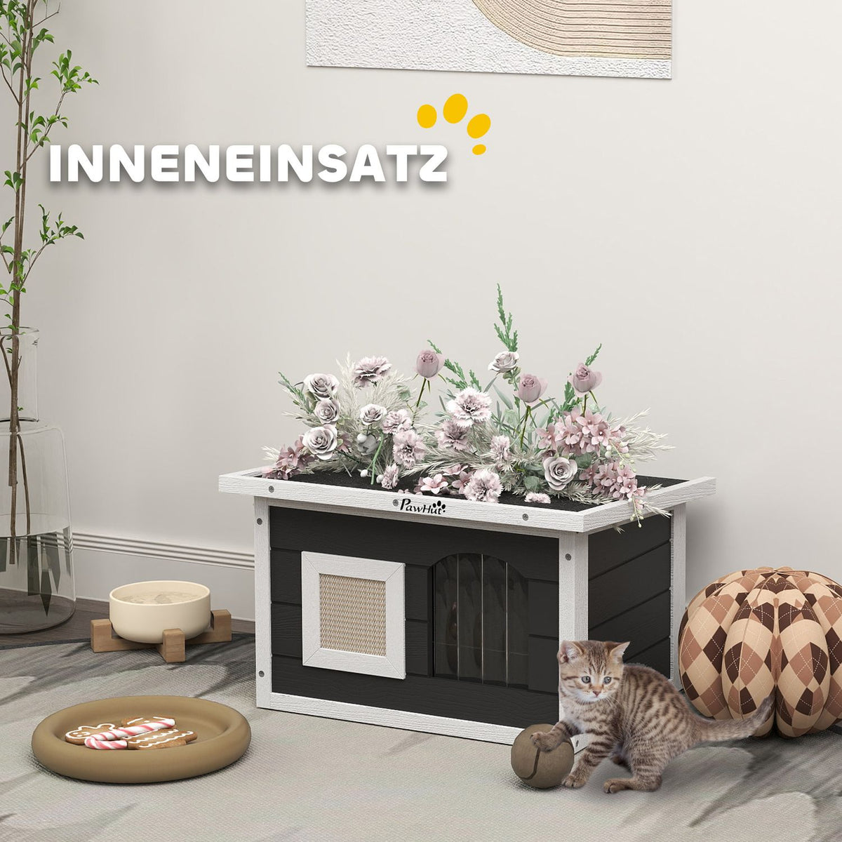 Wooden cat house, cat cave with scratching mat, door flap, weatherproof cat house with folding roof, removable floor, for indoor, outdoor, 61 x 45 x 36.5 cm, gray