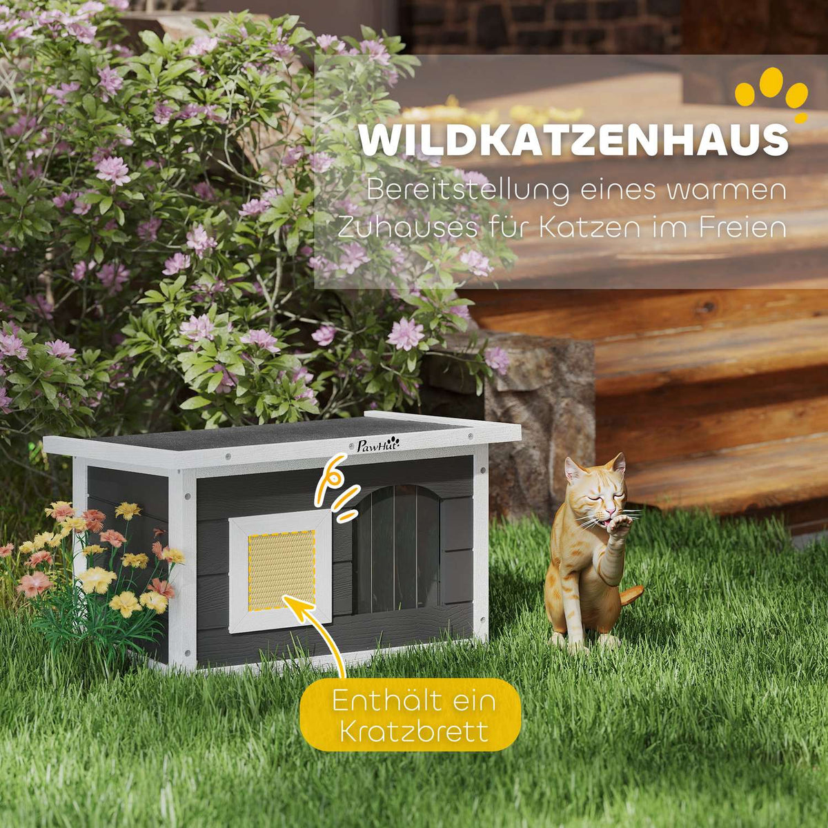 Wooden cat house, cat cave with scratching mat, door flap, weatherproof cat house with folding roof, removable floor, for indoor, outdoor, 61 x 45 x 36.5 cm, gray