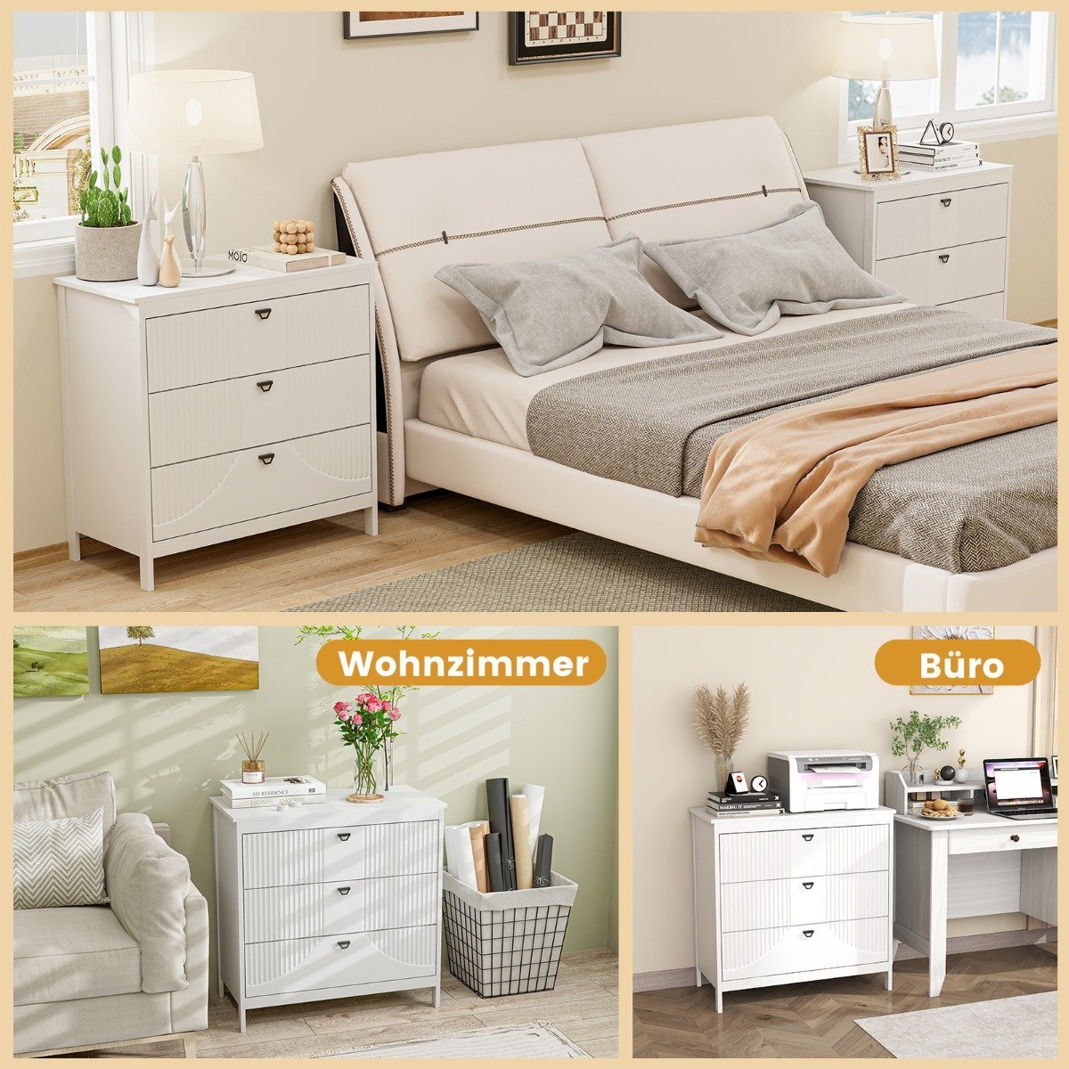 Wooden chest of drawers with 3 drawers and metal handles, modern sideboard drawer cabinet