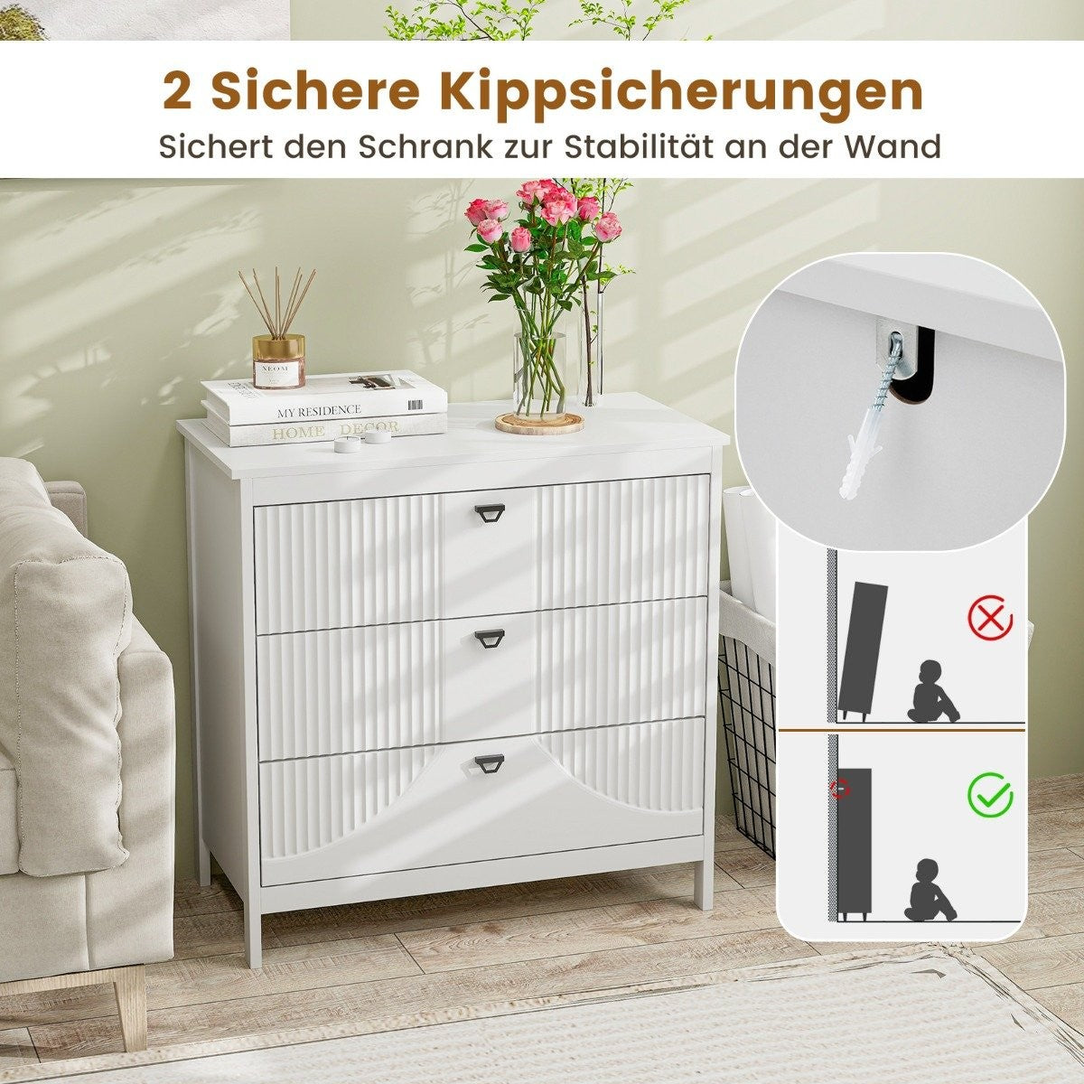 Wooden chest of drawers with 3 drawers and metal handles, modern sideboard drawer cabinet