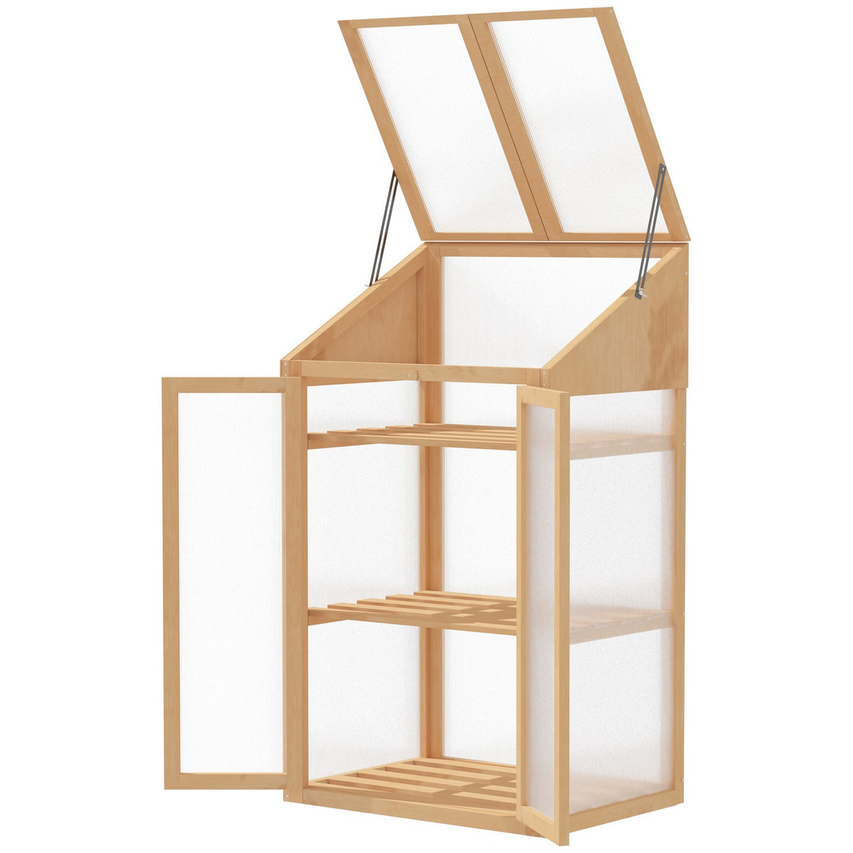 Wooden cold frame, mini greenhouse 70 x 50 x 120 cm, greenhouse with cover, window, double door, translucent cold frame box with 3 shelves, winter-proof raised bed for garden, balcony, brown