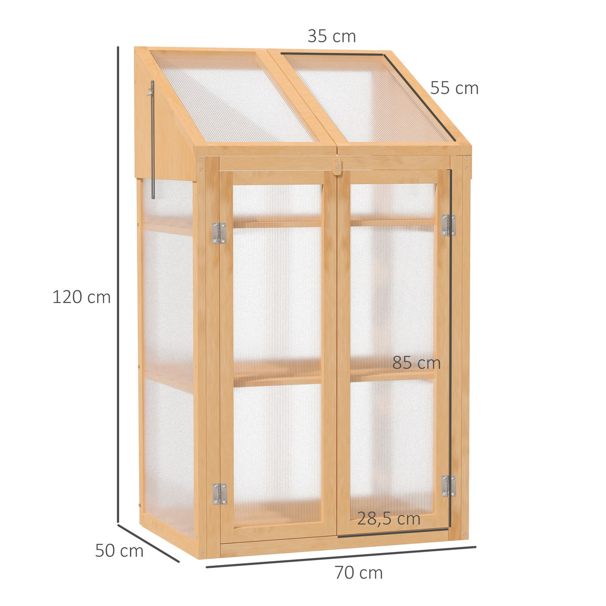 Wooden cold frame, mini greenhouse 70 x 50 x 120 cm, greenhouse with cover, window, double door, translucent cold frame box with 3 shelves, winter-proof raised bed for garden, balcony, brown