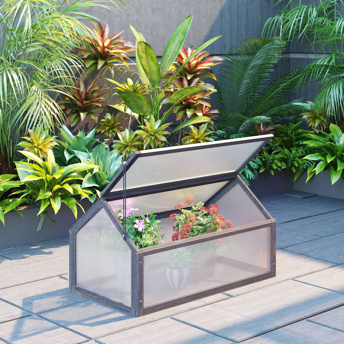 Wooden cold frame, mini greenhouse 90 x 52 x 49.5 cm, greenhouse with cover, translucent cold frame box, winter-proof raised bed for garden, balcony, gray