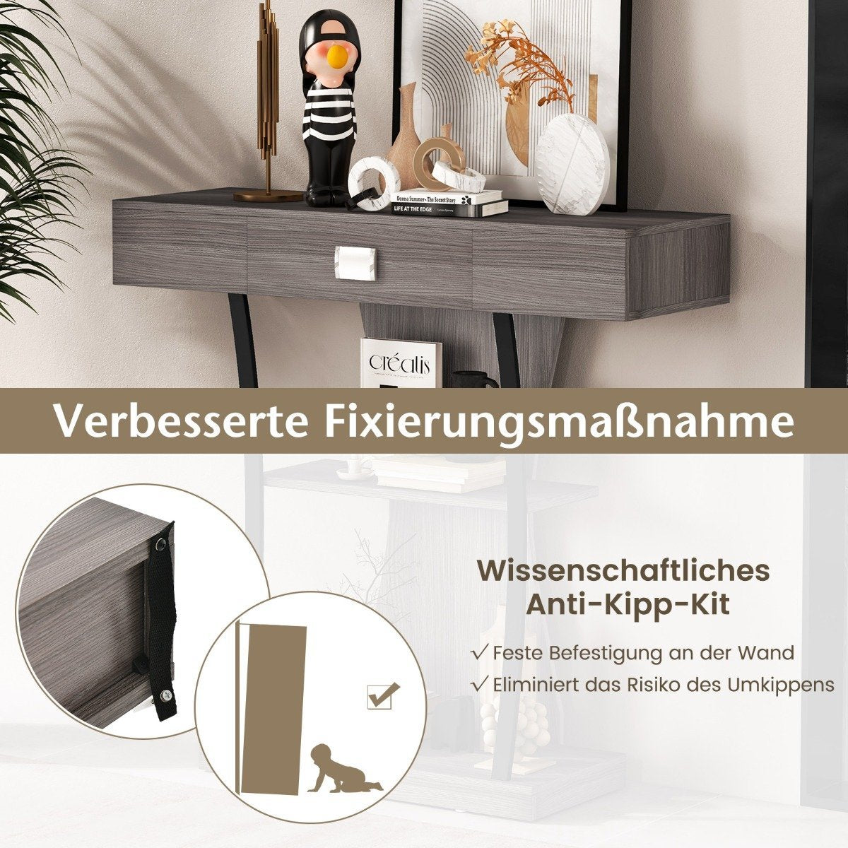 Wooden console table with drawers & metal frame & 2 shelves & anti-tip gray