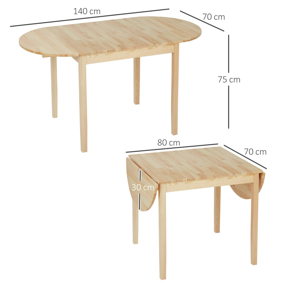 Wooden dining table, foldable kitchen table for 6 people with drop-leaf design, 140 x 70 x 75 cm, natural wood