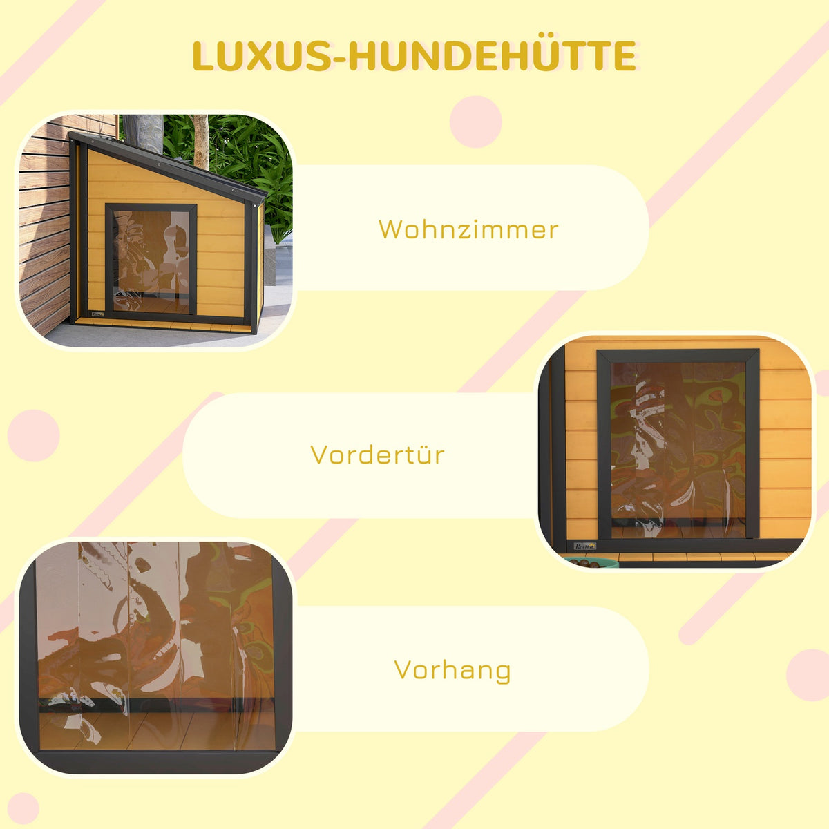 Wooden dog house, dog house with opening asphalt roof and door curtain, outdoor dog house, small animal house for small dogs, outdoor, weatherproof, yellow, 71 x 58 x 53/77 cm
