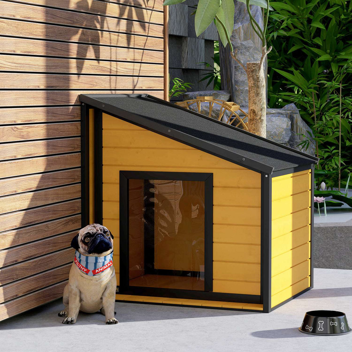 Wooden dog house, dog house with opening asphalt roof and door curtain, outdoor dog house, small animal house for small dogs, outdoor, weatherproof, yellow, 71 x 58 x 53/77 cm