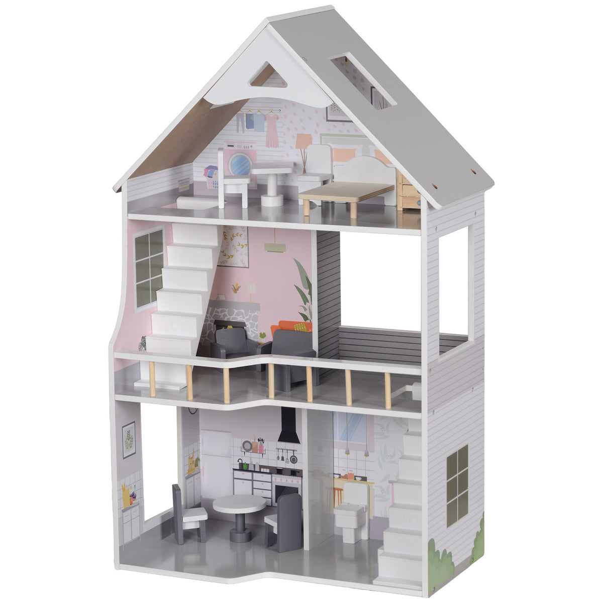 Wooden dollhouse, 3-story dollhouse with 13 pieces of furniture and accessories, 85.3cm high playhouse for 3-6 years children, gray