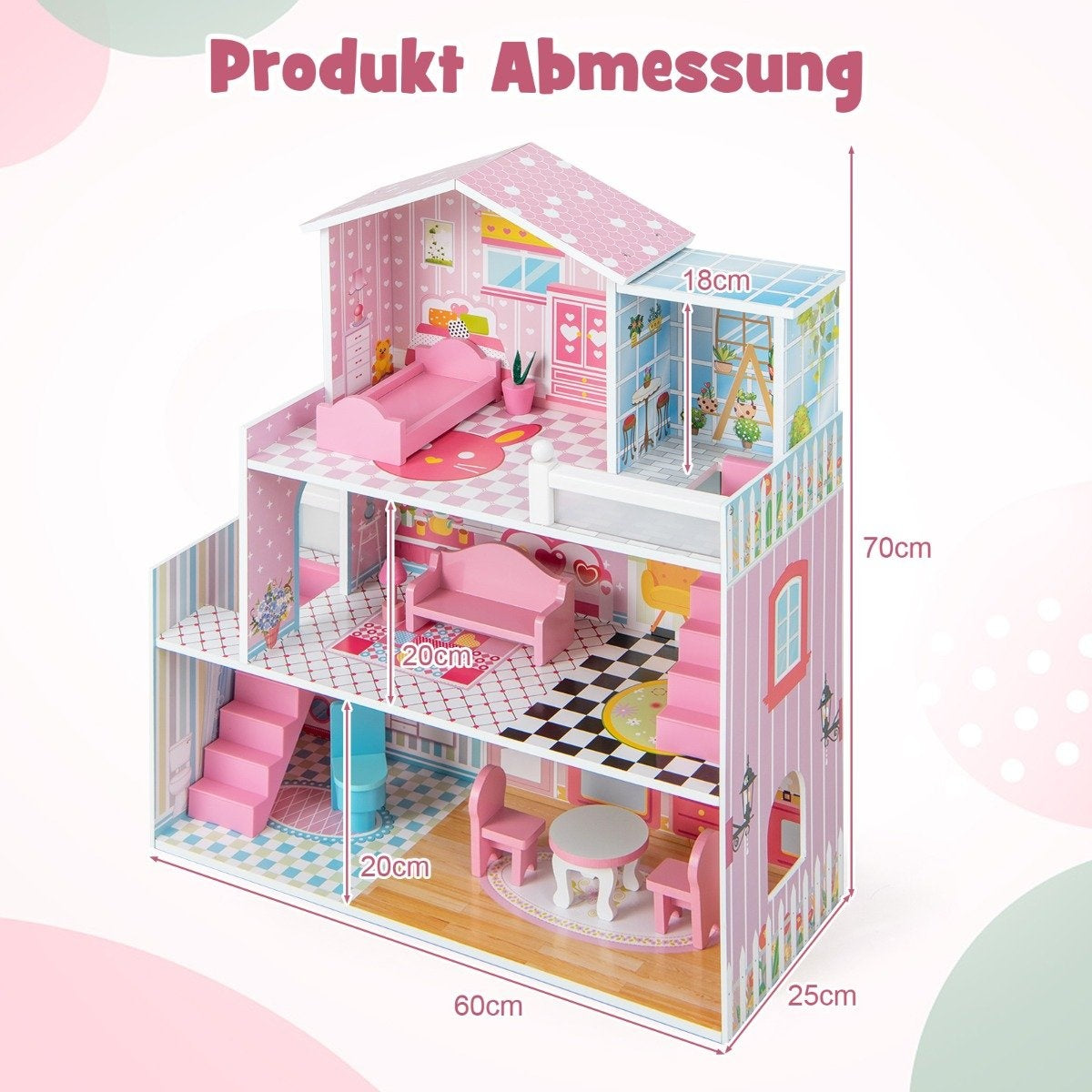 Wooden dollhouse with 3 floors & 10 furniture & 5 rooms dollhouse dream house pink