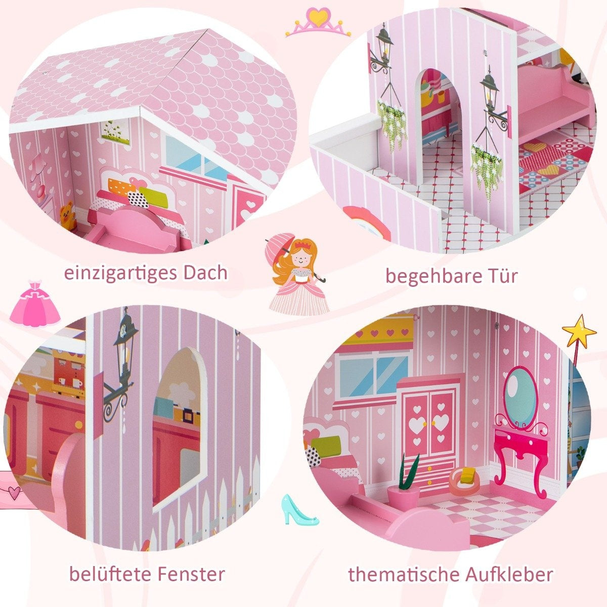 Wooden dollhouse with 3 floors & 10 furniture & 5 rooms dollhouse dream house pink