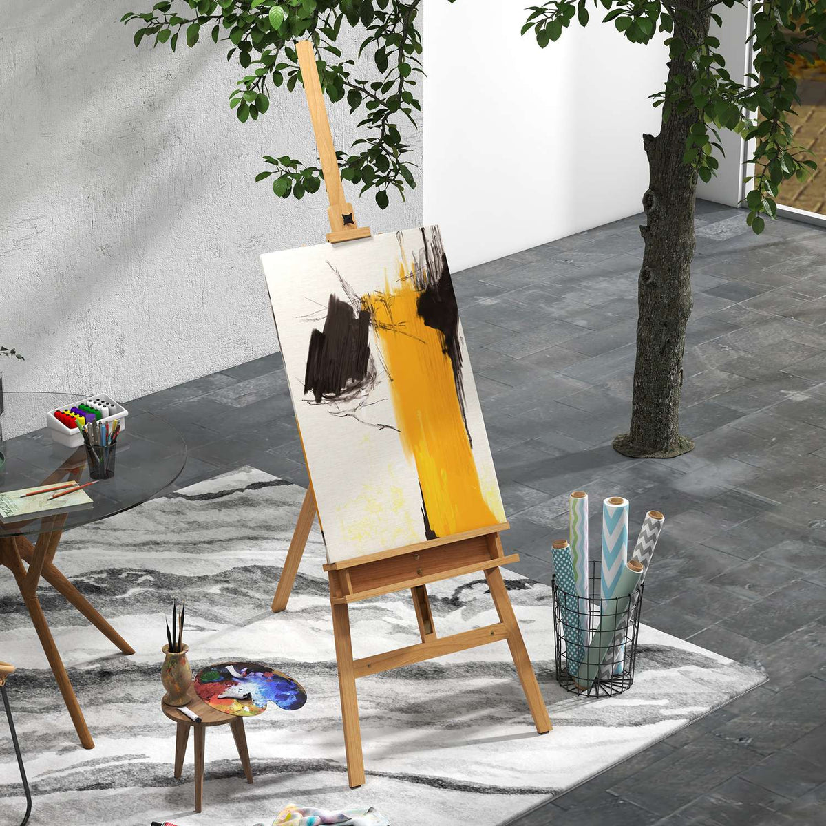 Wooden easel, 180-235 cm, height adjustable, foldable, with holder for canvases, spacious shelf for brushes and paints, natural wood