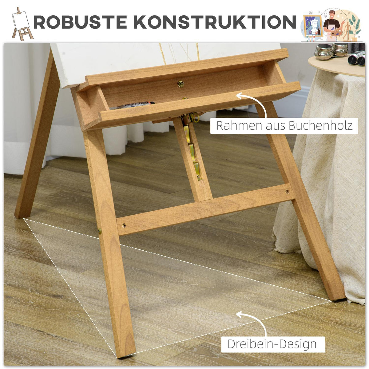 Wooden easel, 180-235 cm, height adjustable, foldable, with holder for canvases, spacious shelf for brushes and paints, natural wood