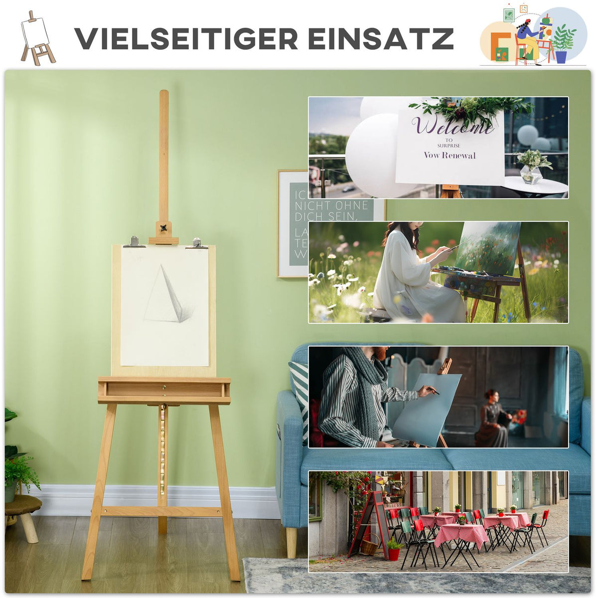 Wooden easel, 180-235 cm, height adjustable, foldable, with holder for canvases, spacious shelf for brushes and paints, natural wood