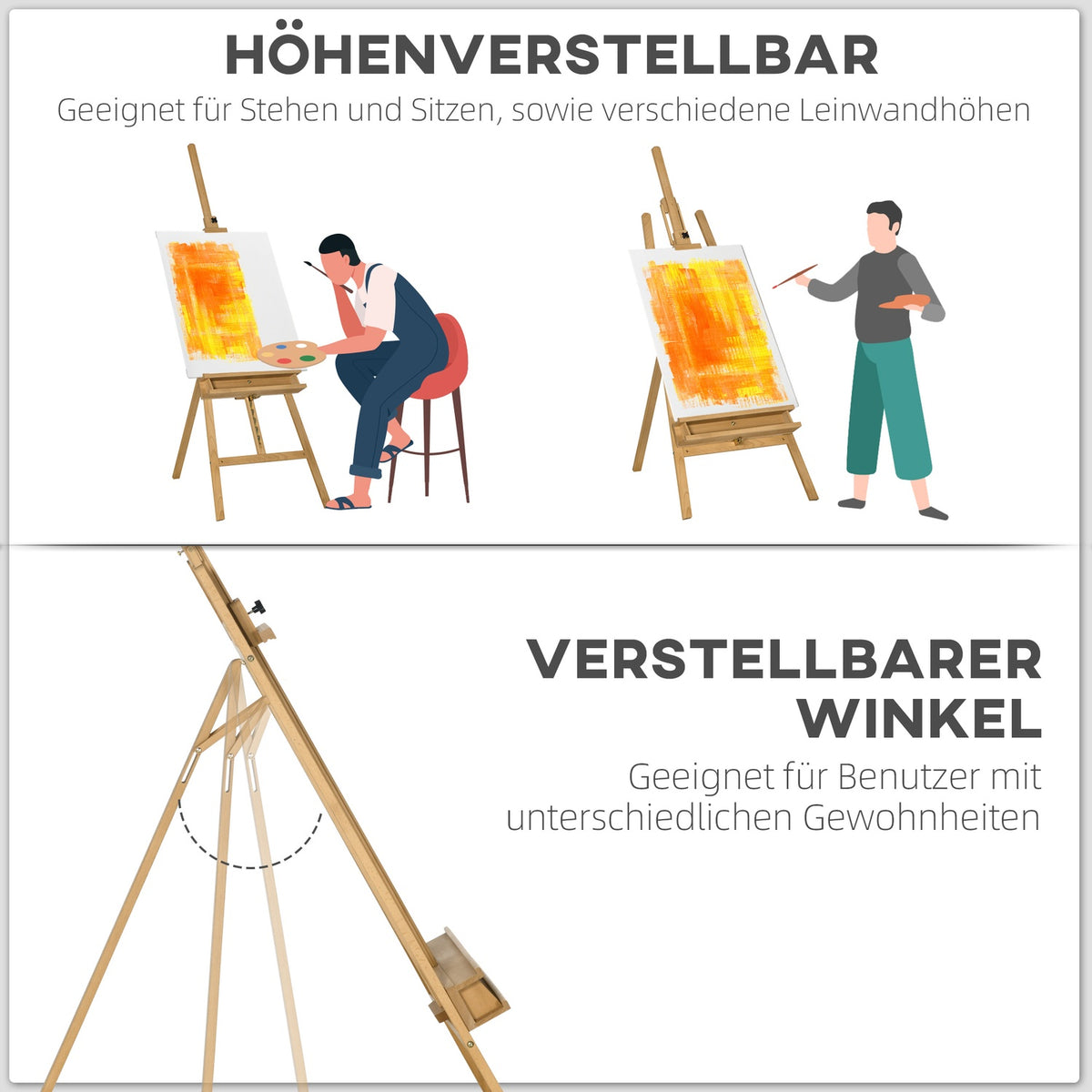 Wooden easel, 180-235 cm, height adjustable, foldable, with holder for canvases, spacious shelf for brushes and paints, natural wood