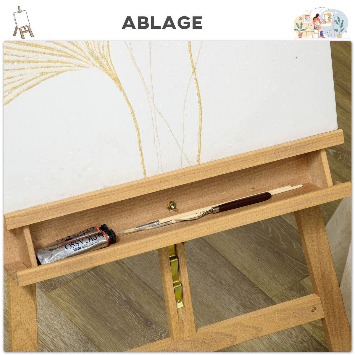 Wooden easel, 180-235 cm, height adjustable, foldable, with holder for canvases, spacious shelf for brushes and paints, natural wood