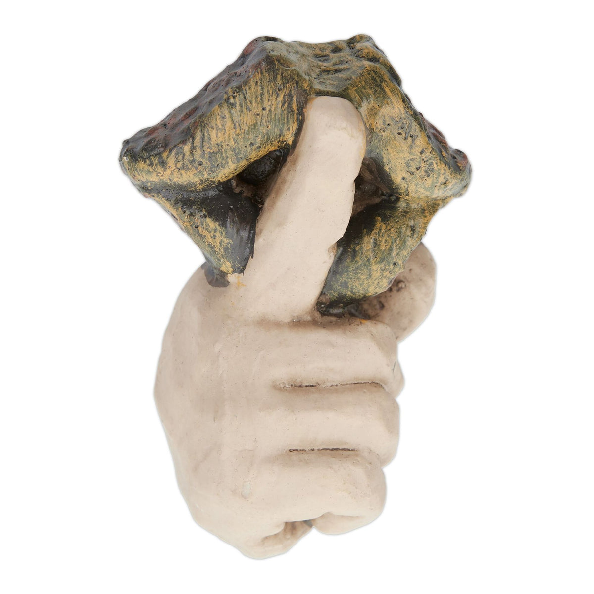 Wooden face with resting gesture