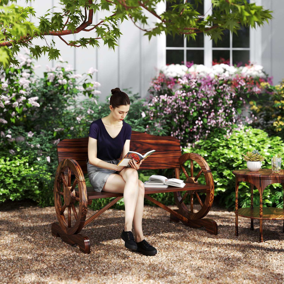 Wooden garden bench, 2-seater bench with back and armrests, wooden bench in wheel shape, weatherproof park bench, load capacity 240 kg, balcony bench for balcony, terrace, garden, 110 x 55 x 80 cm, charred |