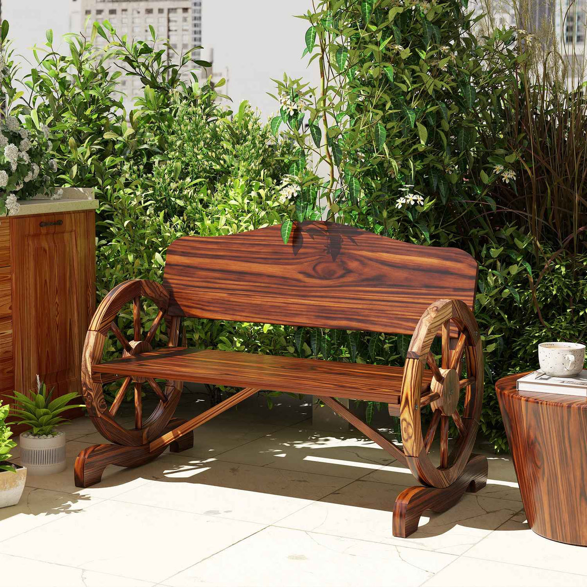Wooden garden bench, 2-seater bench with back and armrests, wooden bench in wheel shape, weatherproof park bench, load capacity 240 kg, balcony bench for balcony, terrace, garden, 110 x 55 x 80 cm, charred |