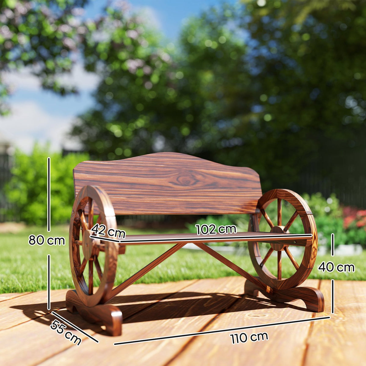 Wooden garden bench, 2-seater bench with back and armrests, wooden bench in wheel shape, weatherproof park bench, load capacity 240 kg, balcony bench for balcony, terrace, garden, 110 x 55 x 80 cm, charred |