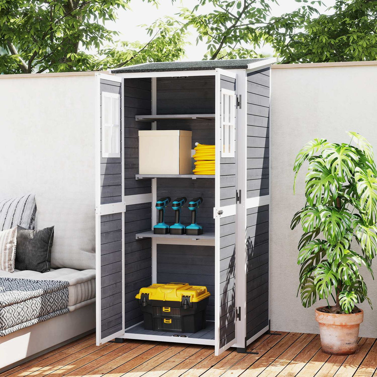 Wooden garden cabinet, tool shed with lockable door, 2 windows, base plate, asphalt pent roof shelf, 91x69x192cm, weatherproof tool cabinet, tool shed for garden, terrace, light gray |
