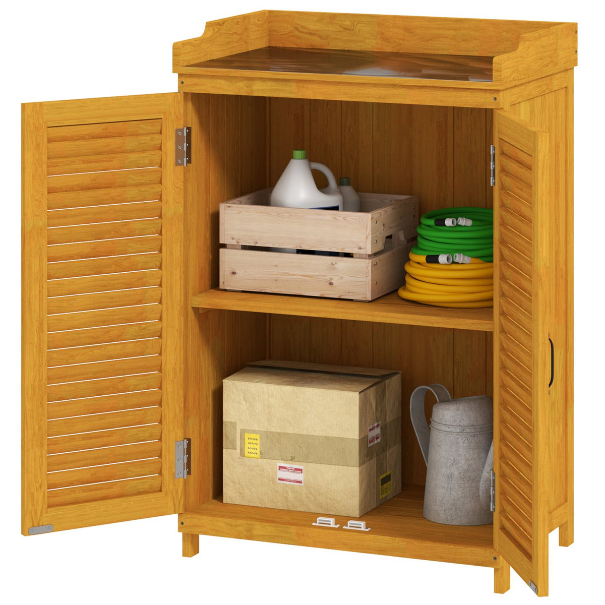 Wooden garden cabinet, tool shed with work surface, weatherproof equipment cabinet, 65.5x40x98.5cm, tool shed with slatted door, shelves, tool cabinet garden shed for garden, terrace, yellow