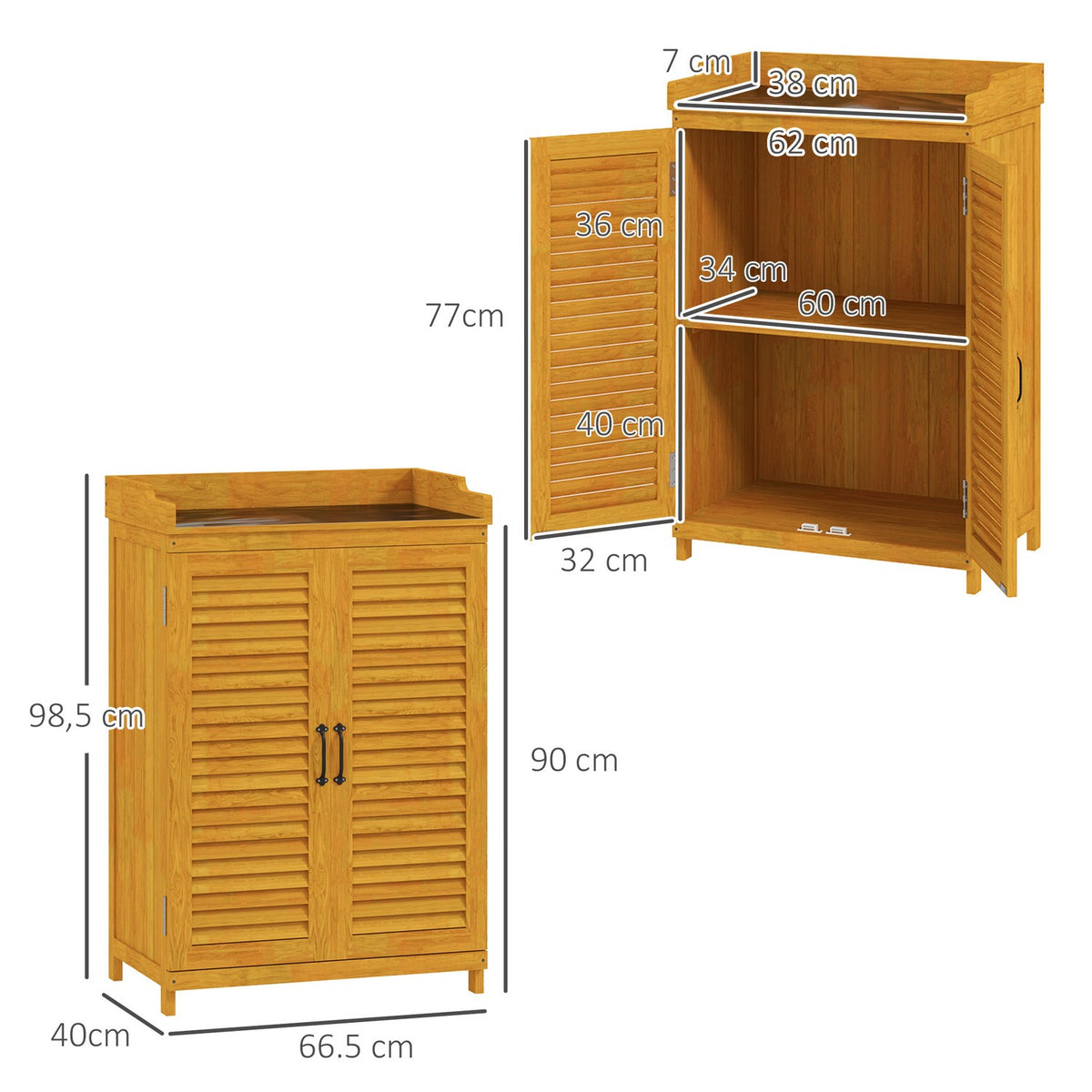 Wooden garden cabinet, tool shed with work surface, weatherproof equipment cabinet, 65.5x40x98.5cm, tool shed with slatted door, shelves, tool cabinet garden shed for garden, terrace, yellow