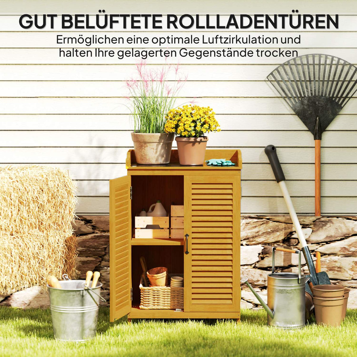 Wooden garden cabinet, tool shed with work surface, weatherproof equipment cabinet, 65.5x40x98.5cm, tool shed with slatted door, shelves, tool cabinet garden shed for garden, terrace, yellow