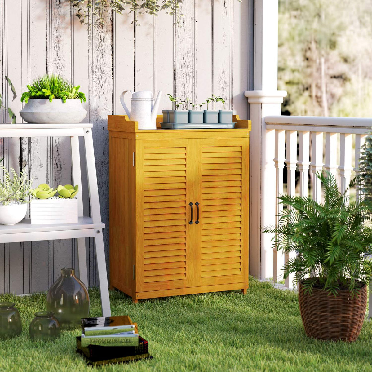 Wooden garden cabinet, tool shed with work surface, weatherproof equipment cabinet, 65.5x40x98.5cm, tool shed with slatted door, shelves, tool cabinet garden shed for garden, terrace, yellow