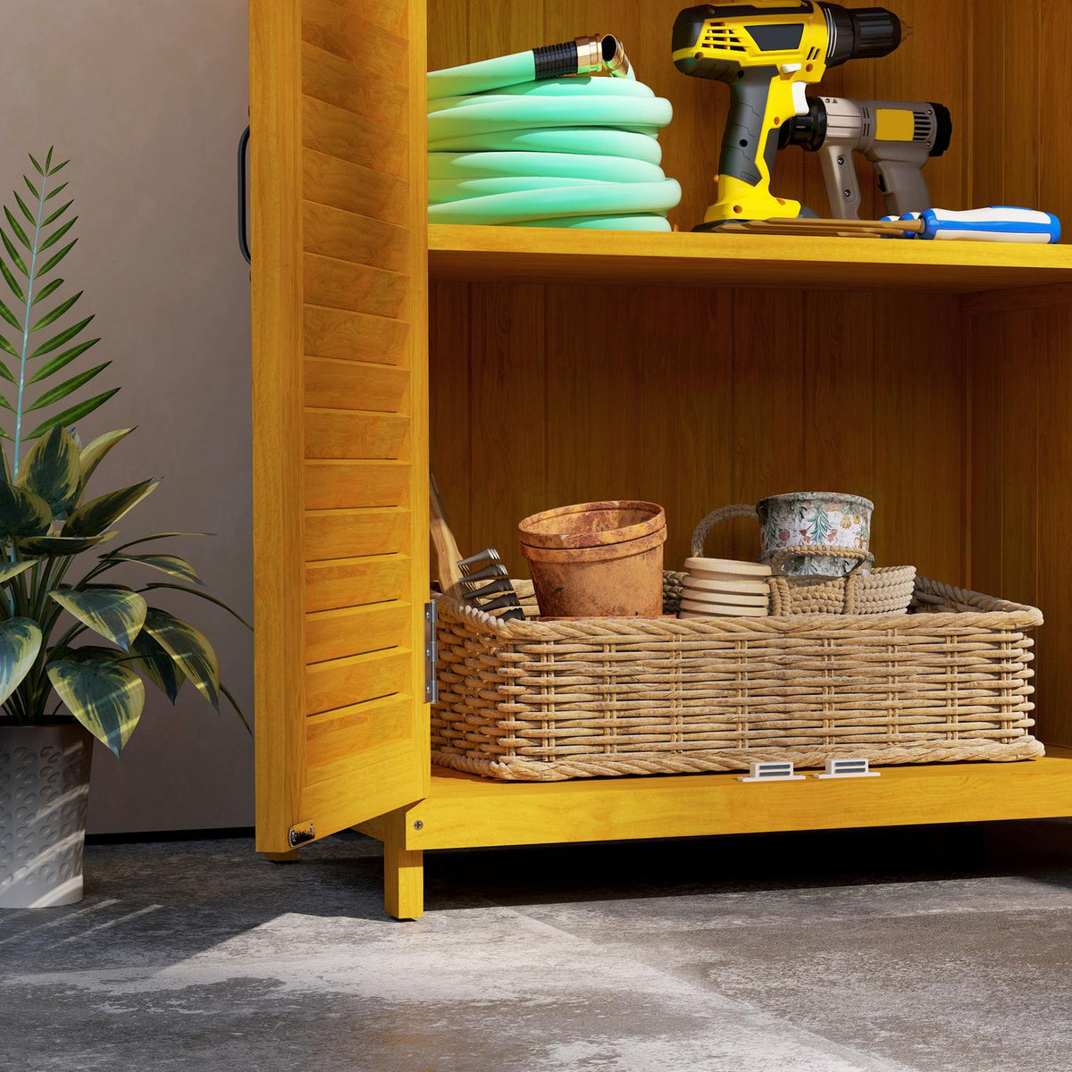 Wooden garden cabinet, tool shed with work surface, weatherproof equipment cabinet, 65.5x40x98.5cm, tool shed with slatted door, shelves, tool cabinet garden shed for garden, terrace, yellow