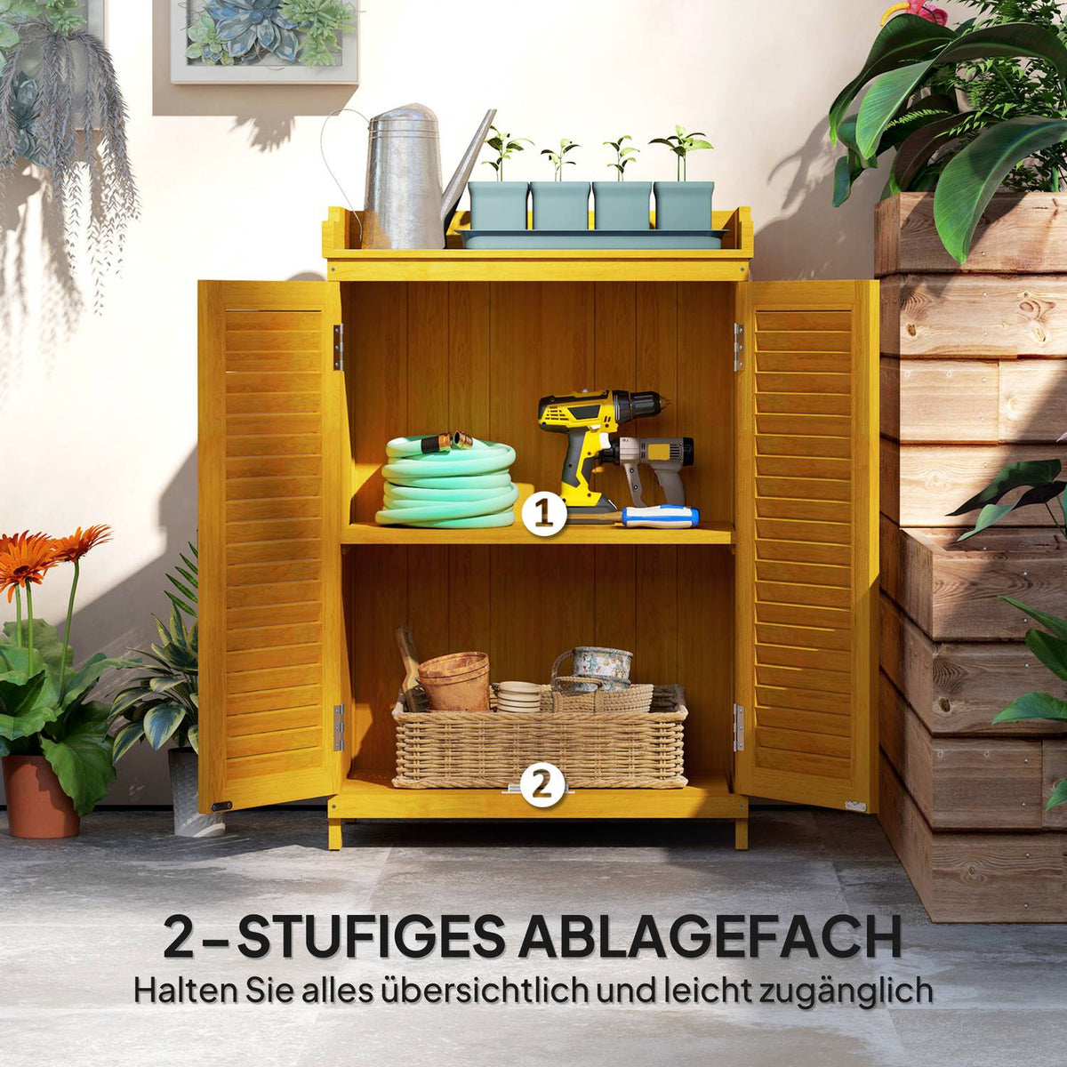 Wooden garden cabinet, tool shed with work surface, weatherproof equipment cabinet, 65.5x40x98.5cm, tool shed with slatted door, shelves, tool cabinet garden shed for garden, terrace, yellow
