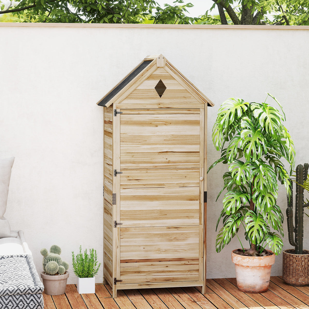 Wooden garden cabinet, waterproof tool shed with asphalt gable roof, storage door 80 x 49 x 170 cm, weatherproof tool cabinet, tool shed garden shed for garden, terrace, natural wood |
