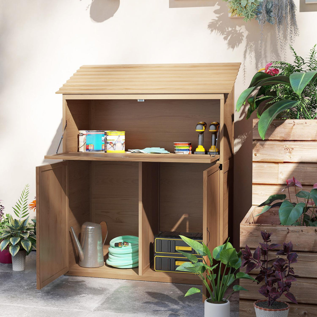 Wooden garden cupboard, tool shed with stepped pent roof, folding shelf, table, double doors, 110 x 54 x 136 cm, weatherproof tool cupboard, tool shed, garden shed for garden, terrace, natural wood