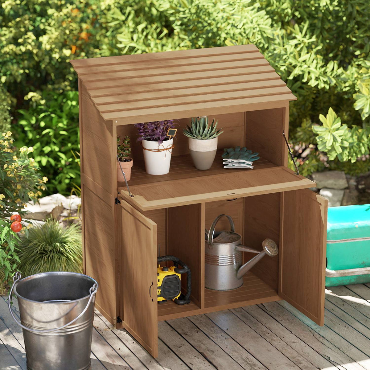 Wooden garden cupboard, tool shed with stepped pent roof, folding shelf, table, double doors, 110 x 54 x 136 cm, weatherproof tool cupboard, tool shed, garden shed for garden, terrace, natural wood