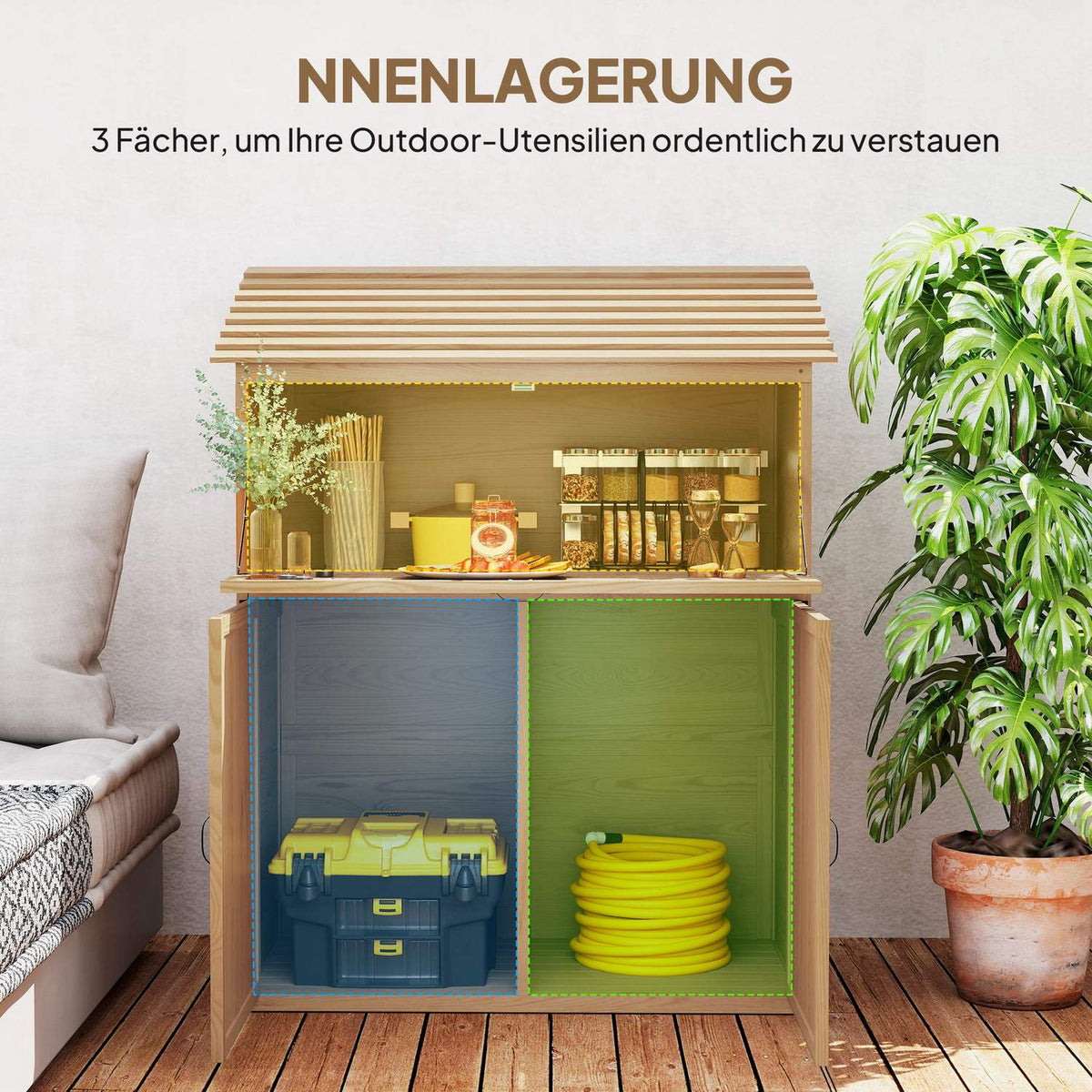Wooden garden cupboard, tool shed with stepped pent roof, folding shelf, table, double doors, 110 x 54 x 136 cm, weatherproof tool cupboard, tool shed, garden shed for garden, terrace, natural wood