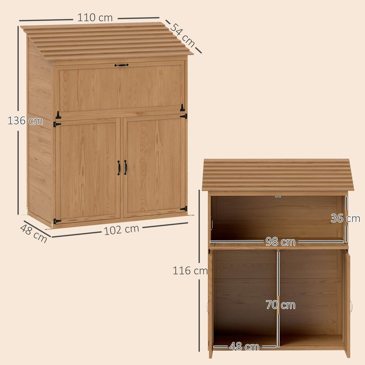 Wooden garden cupboard, tool shed with stepped pent roof, folding shelf, table, double doors, 110 x 54 x 136 cm, weatherproof tool cupboard, tool shed, garden shed for garden, terrace, natural wood