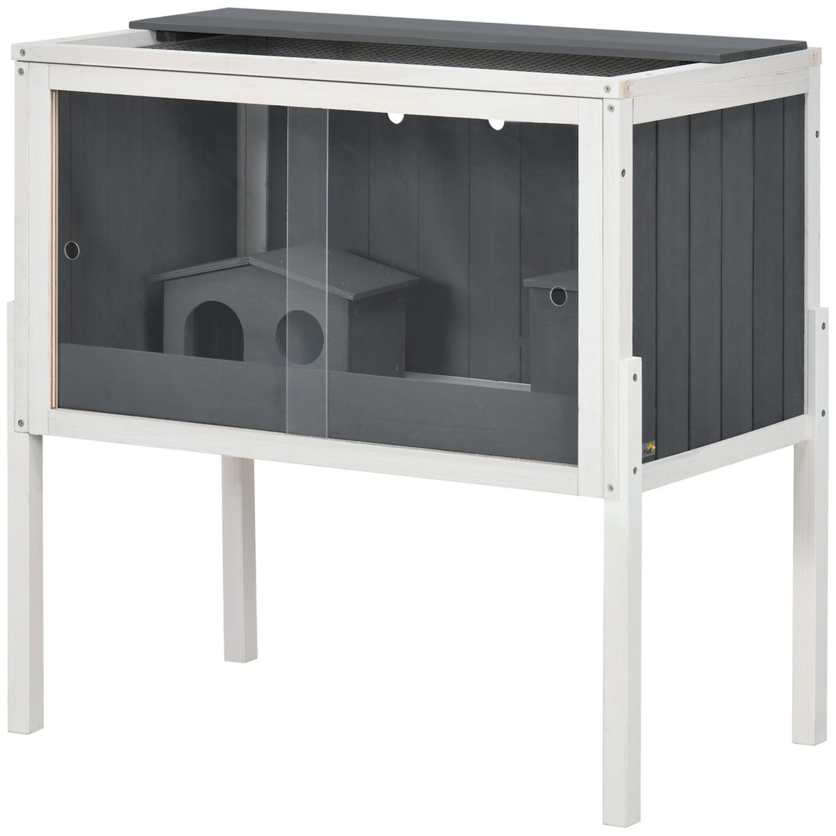 Wooden hamster cage for dwarf hamsters, rodent cage, small animal cage with 2 huts and accessories, large mouse cage, 82 x 45 x 81 cm, gray