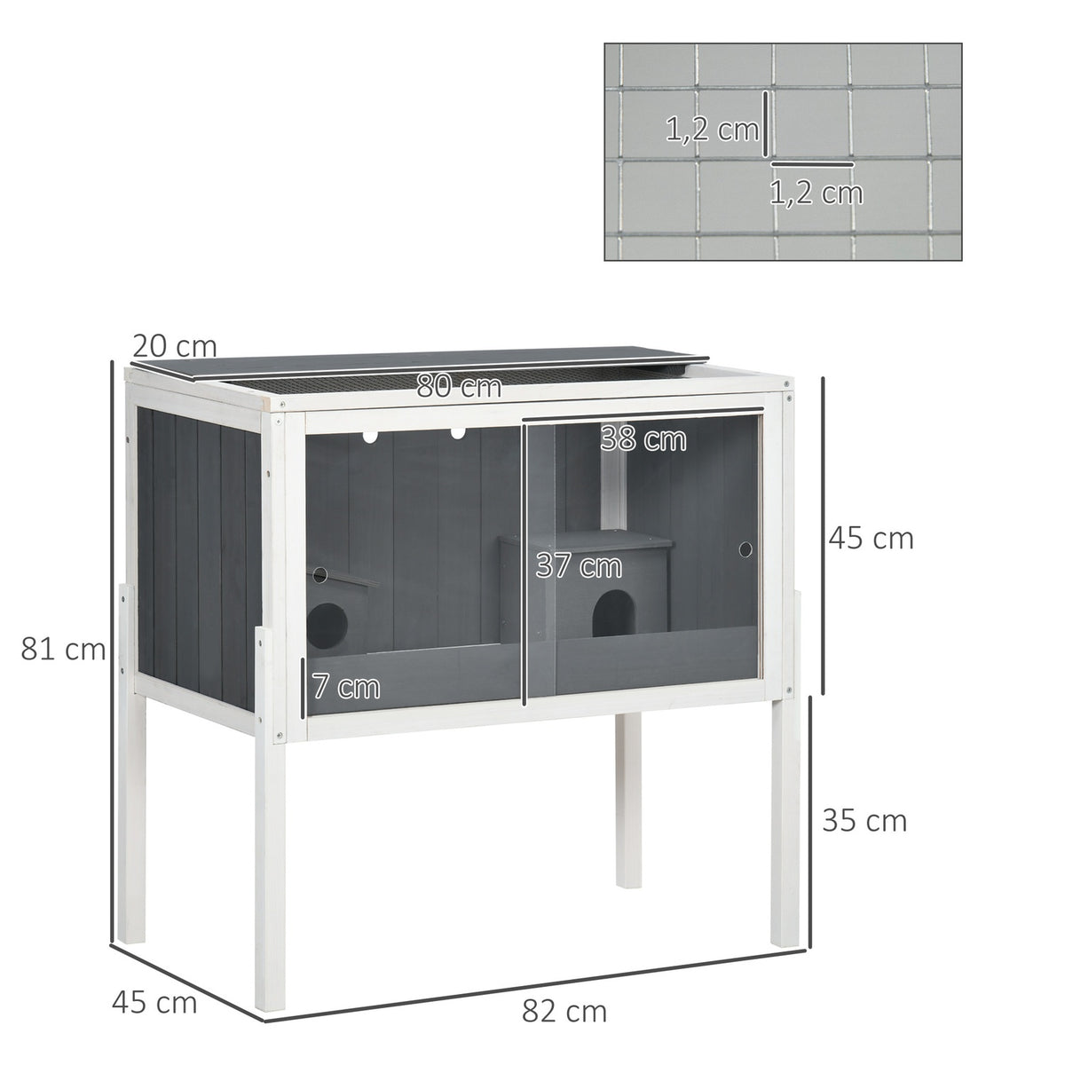 Wooden hamster cage for dwarf hamsters, rodent cage, small animal cage with 2 huts and accessories, large mouse cage, 82 x 45 x 81 cm, gray